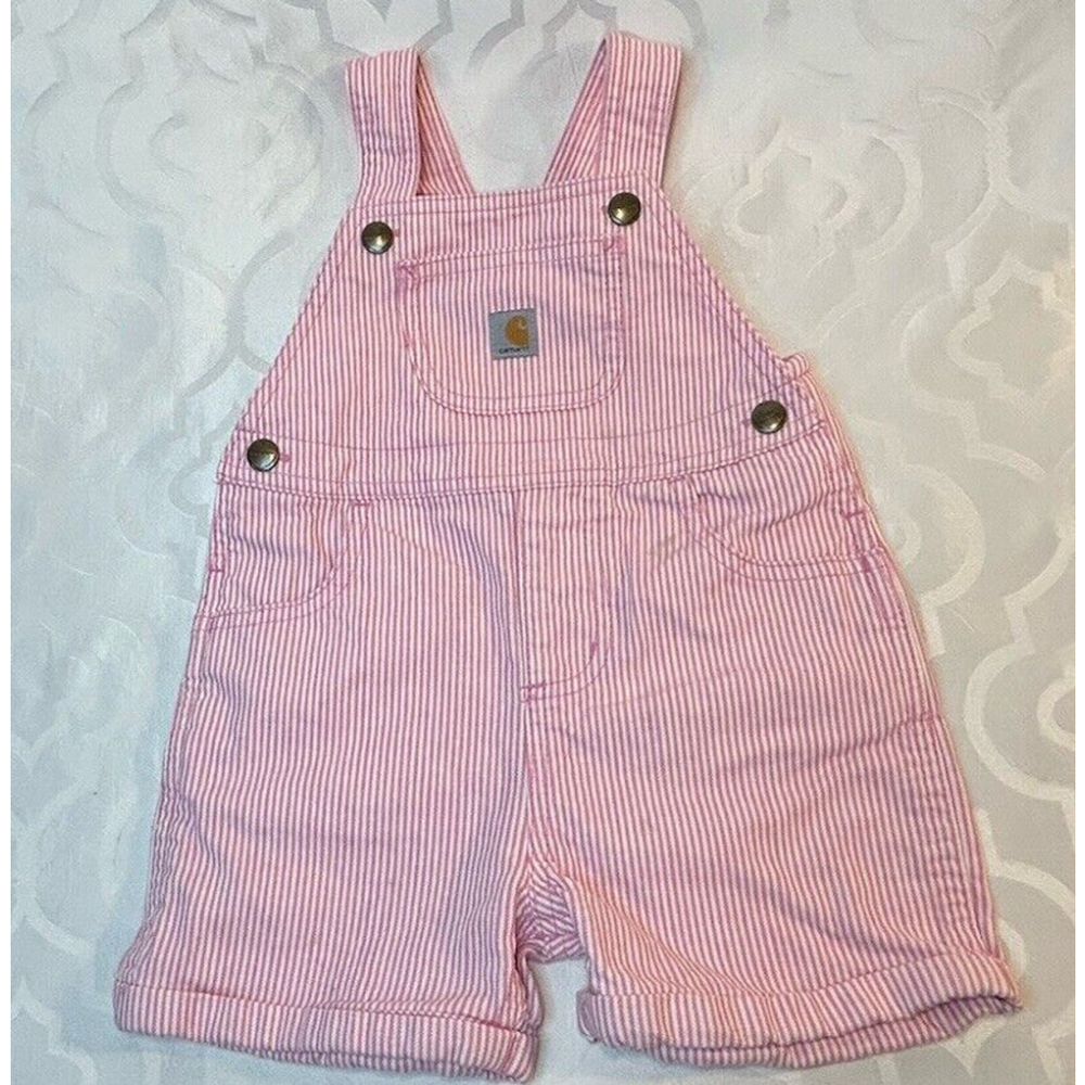 Carhartt Toddler Girl 2T Denim Pink (Red & White Stripe) Overall Shorts Cotton
